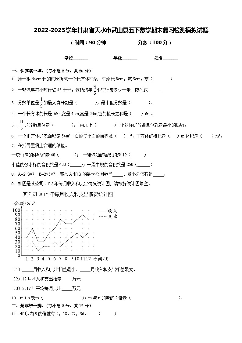 2022-2023学年甘肃省天水市武山县五下数学期末复习检测模拟试题含答案第1页