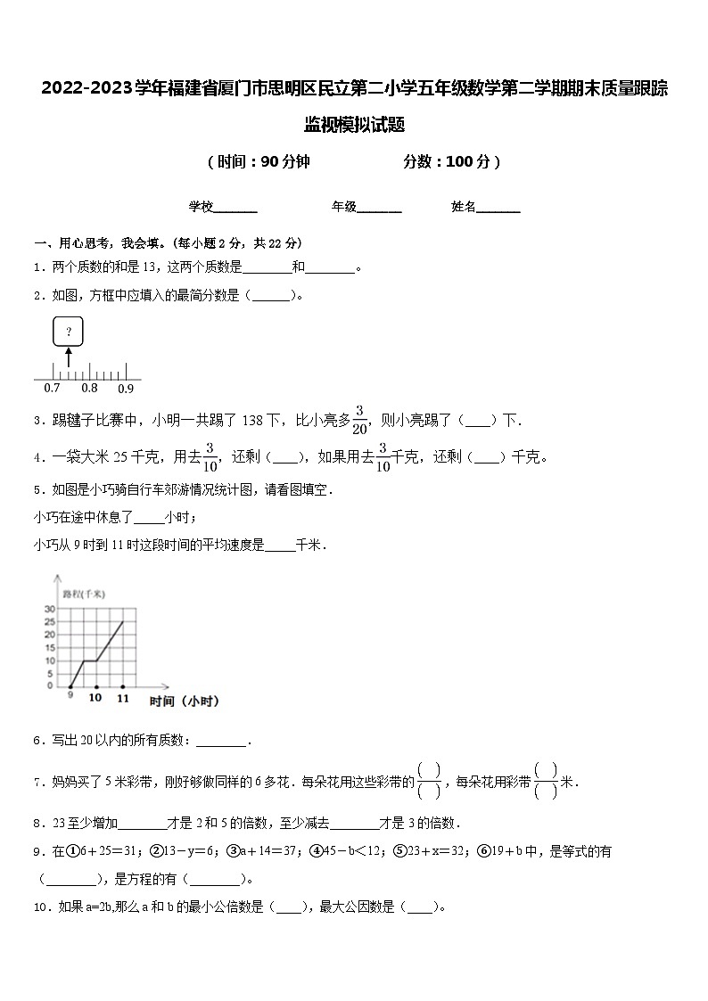 2022-2023学年福建省厦门市思明区民立第二小学五年级数学第二学期期末质量跟踪监视模拟试题含答案第1页
