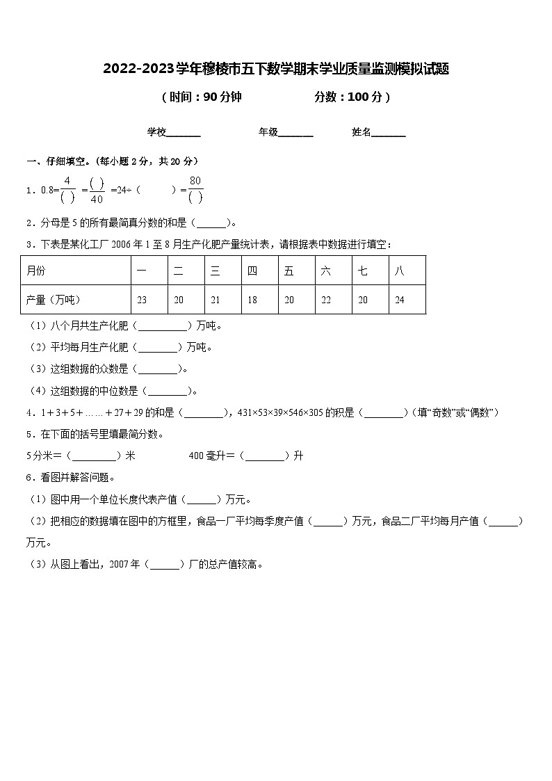 2022-2023学年穆棱市五下数学期末学业质量监测模拟试题含答案第1页