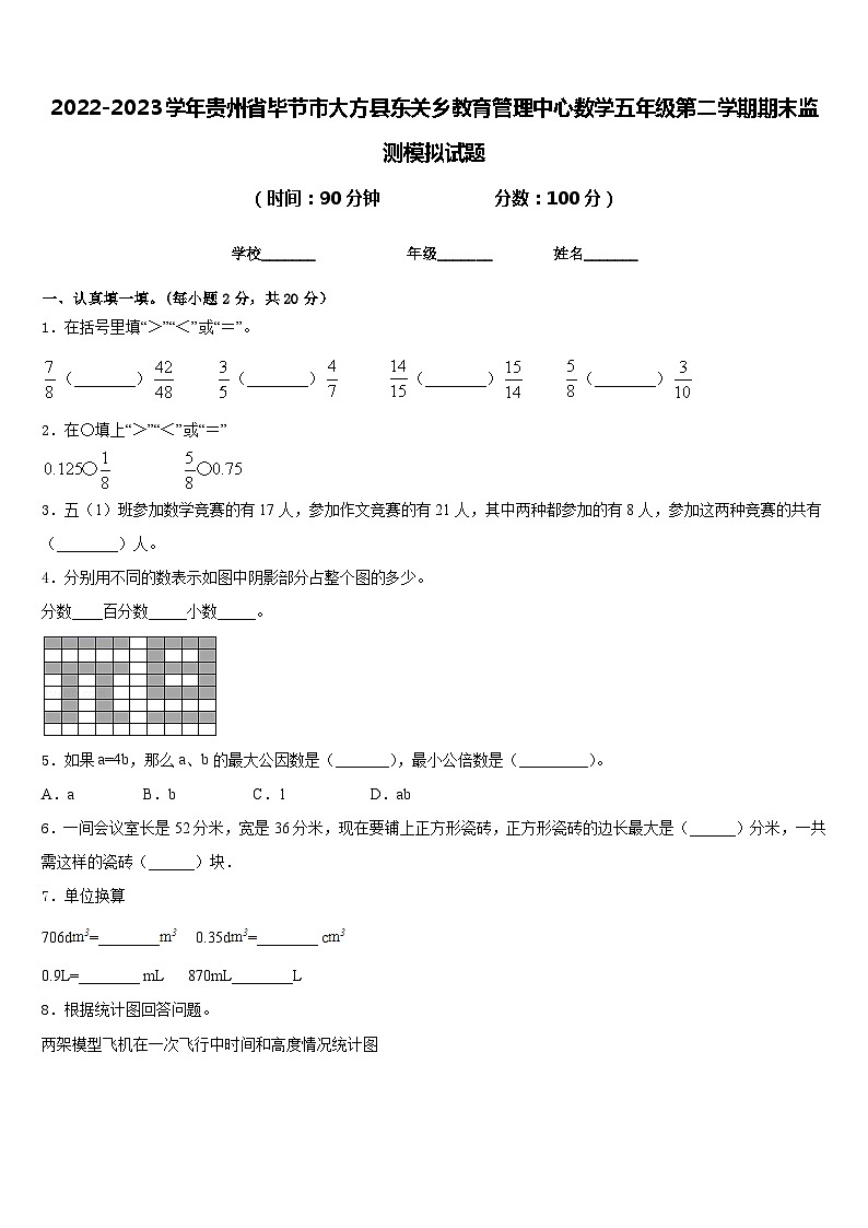 2022-2023学年贵州省毕节市大方县东关乡教育管理中心数学五年级第二学期期末监测模拟试题含答案第1页