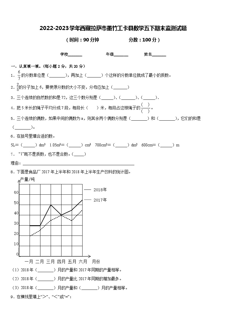 2022-2023学年西藏拉萨市墨竹工卡县数学五下期末监测试题含答案第1页