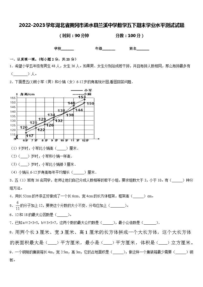 2022-2023学年湖北省黄冈市浠水县兰溪中学数学五下期末学业水平测试试题含答案01