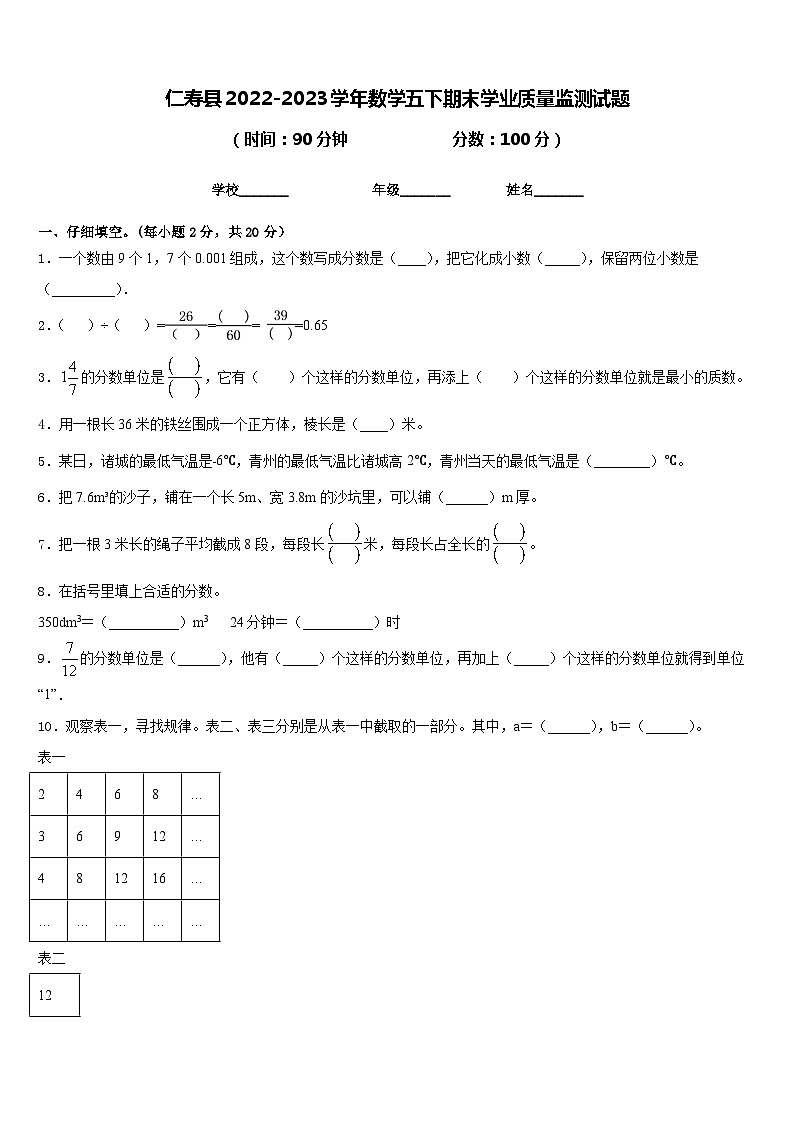 仁寿县2022-2023学年数学五下期末学业质量监测试题含答案第1页