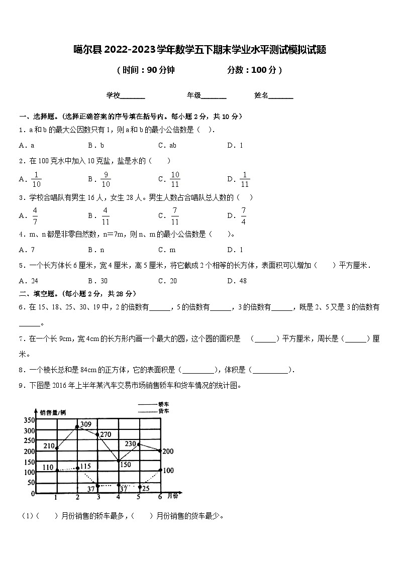 噶尔县2022-2023学年数学五下期末学业水平测试模拟试题含答案第1页