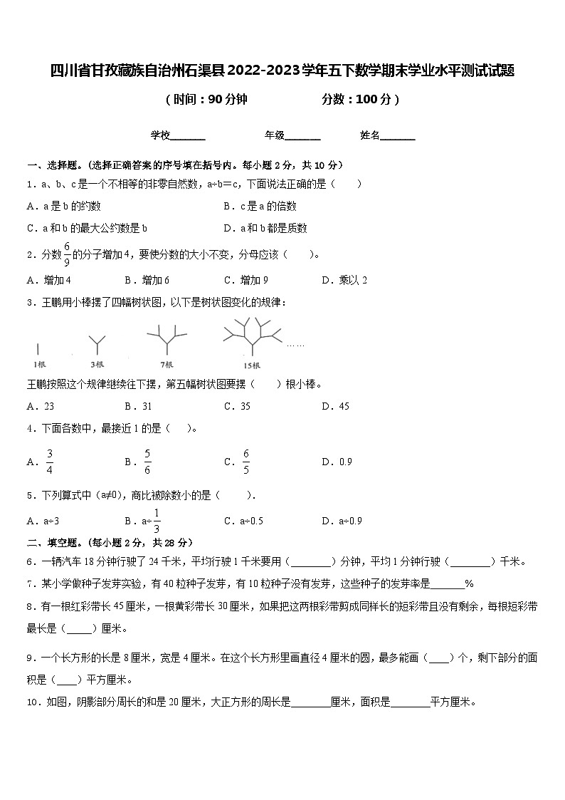 四川省甘孜藏族自治州石渠县2022-2023学年五下数学期末学业水平测试试题含答案第1页