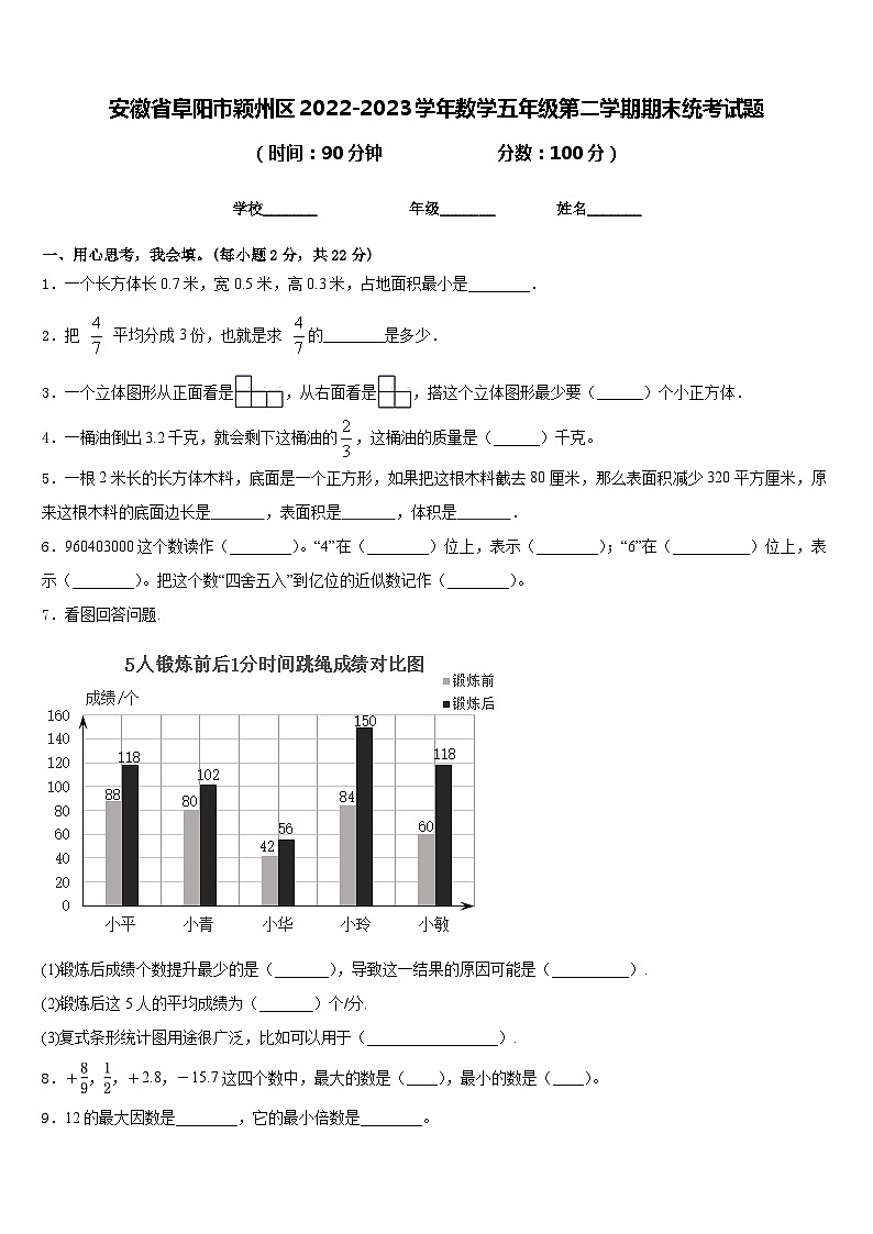 安徽省阜阳市颖州区2022-2023学年数学五年级第二学期期末统考试题含答案01