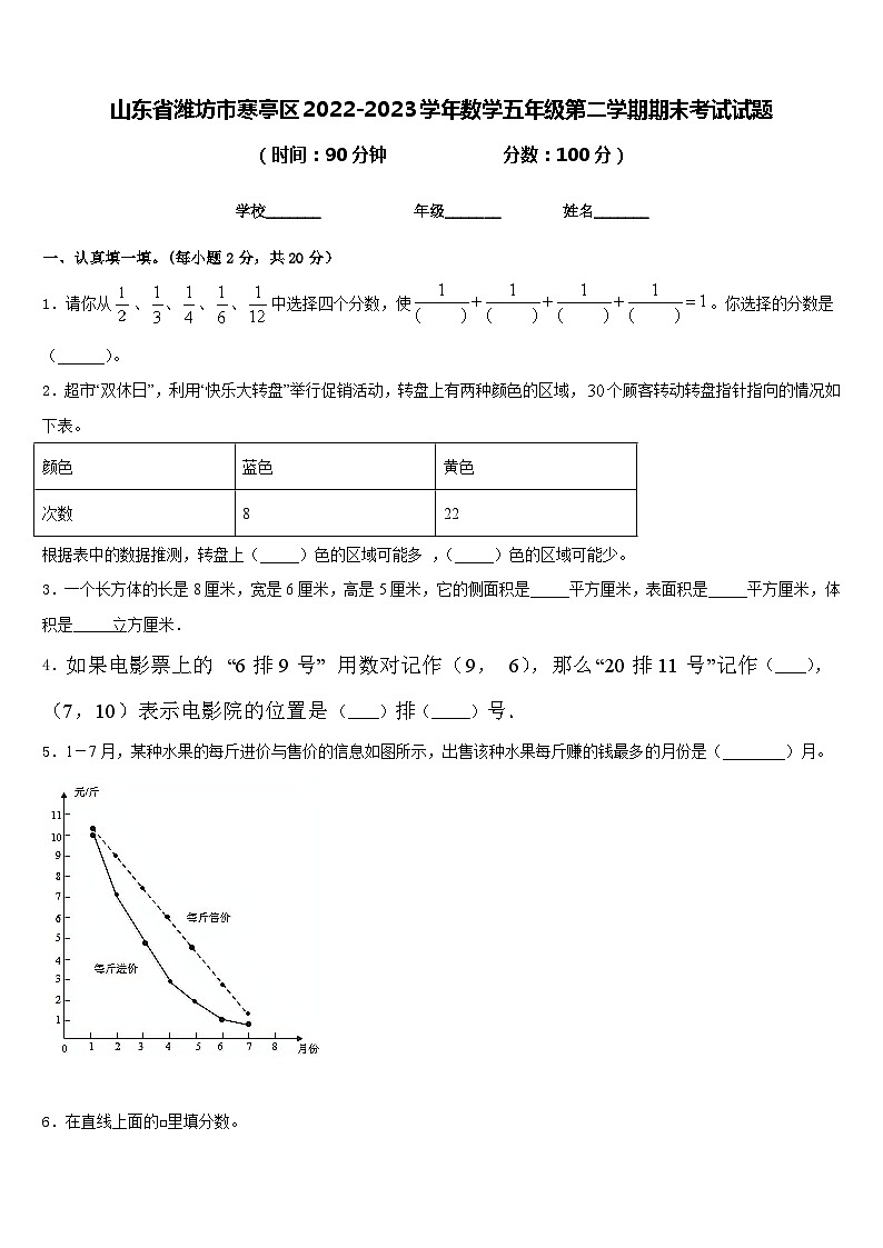 山东省潍坊市寒亭区2022-2023学年数学五年级第二学期期末考试试题含答案01