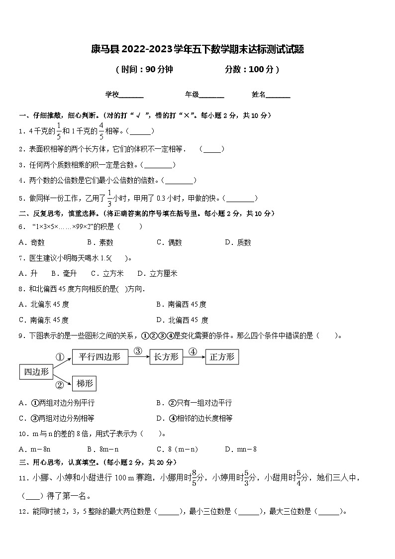 康马县2022-2023学年五下数学期末达标测试试题含答案第1页