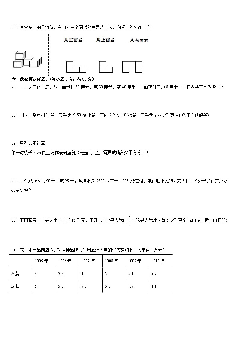 山西省吕梁市兴县阳光小学2022-2023学年五下数学期末学业水平测试模拟试题含答案第3页