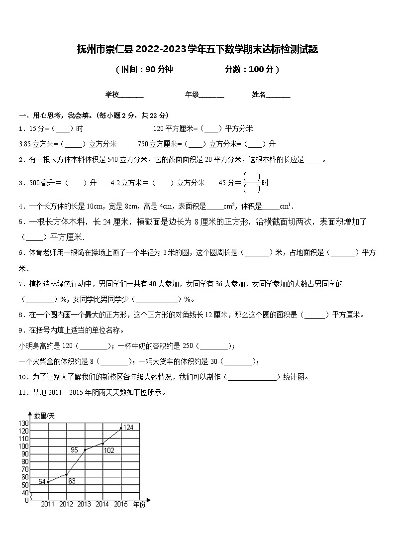 抚州市崇仁县2022-2023学年五下数学期末达标检测试题含答案第1页