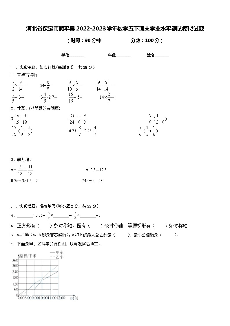 河北省保定市顺平县2022-2023学年数学五下期末学业水平测试模拟试题含答案第1页
