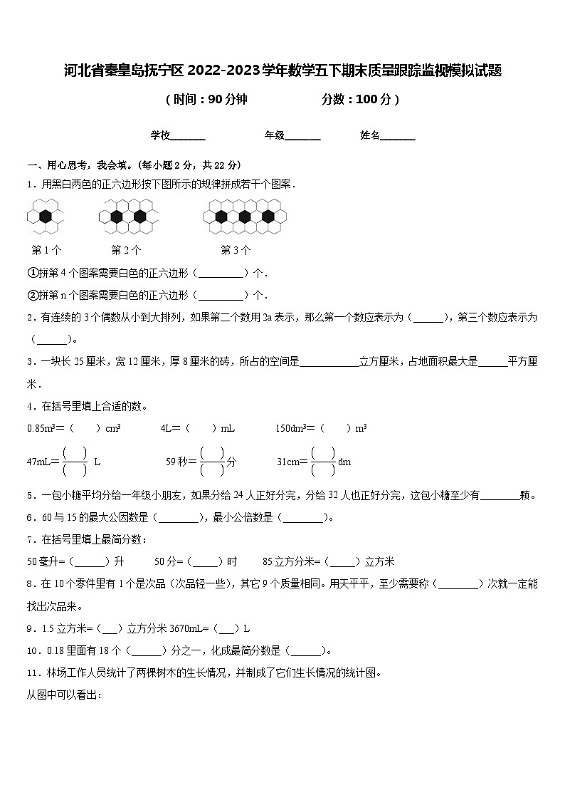 河北省秦皇岛抚宁区2022-2023学年数学五下期末质量跟踪监视模拟试题含答案第1页