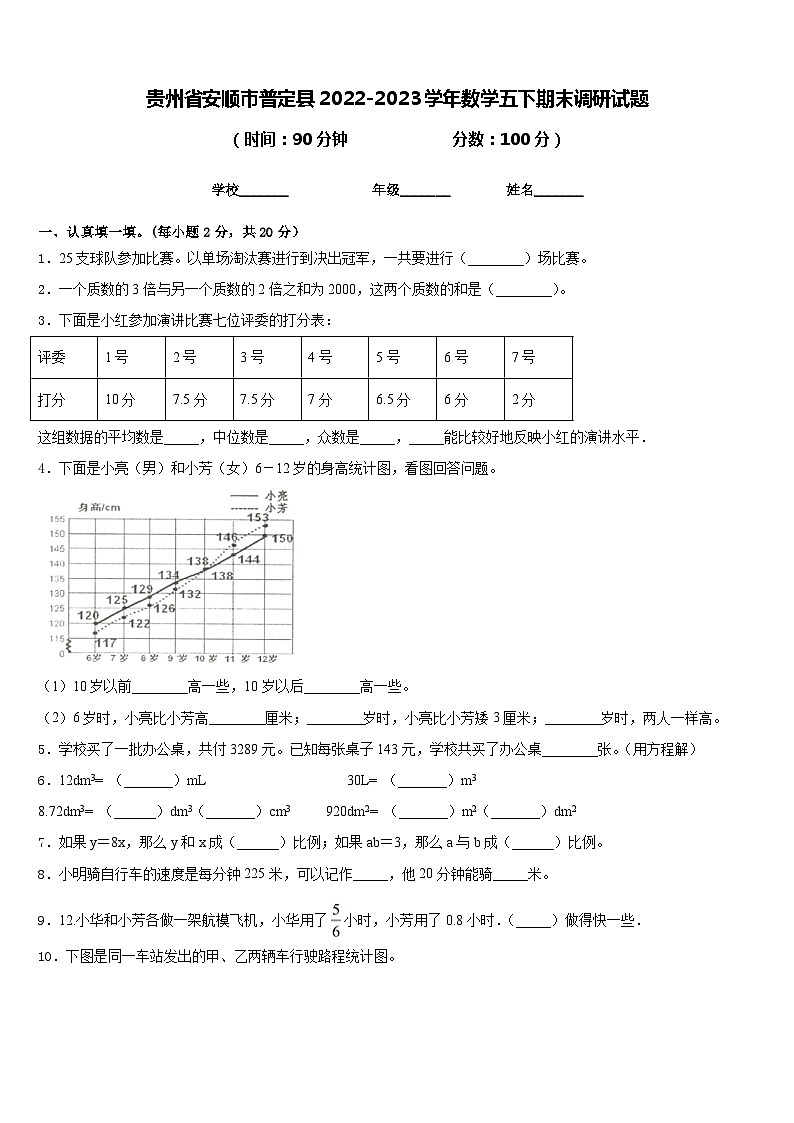 贵州省安顺市普定县2022-2023学年数学五下期末调研试题含答案01