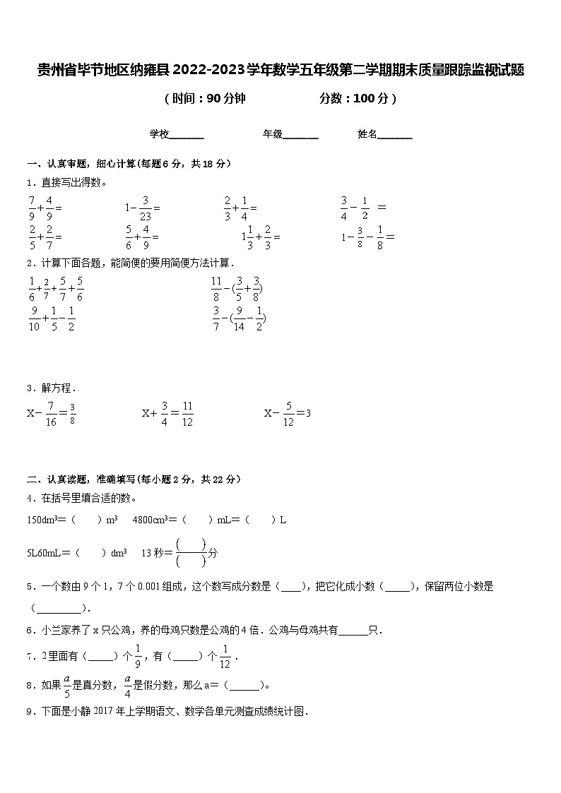 贵州省毕节地区纳雍县2022-2023学年数学五年级第二学期期末质量跟踪监视试题含答案第1页