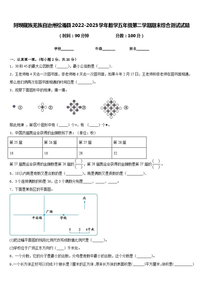 阿坝藏族羌族自治州松潘县2022-2023学年数学五年级第二学期期末综合测试试题含答案第1页