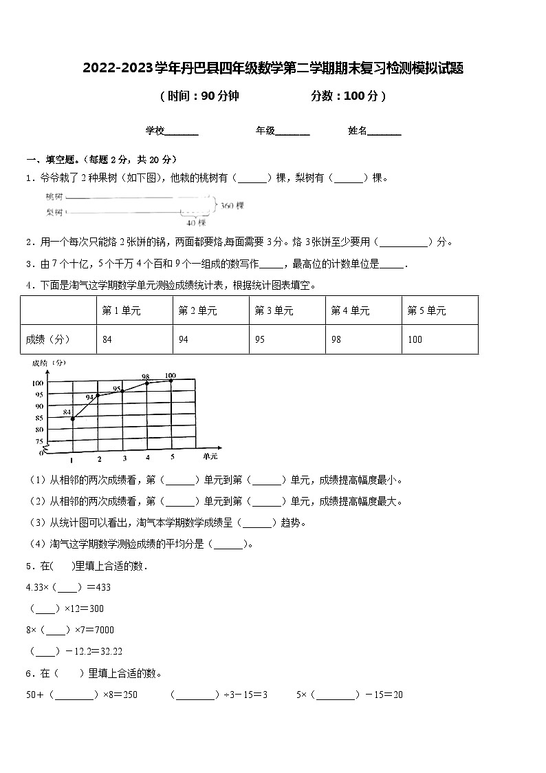 2022-2023学年丹巴县四年级数学第二学期期末复习检测模拟试题含答案01