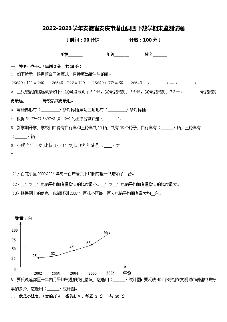 2022-2023学年安徽省安庆市潜山县四下数学期末监测试题含答案第1页