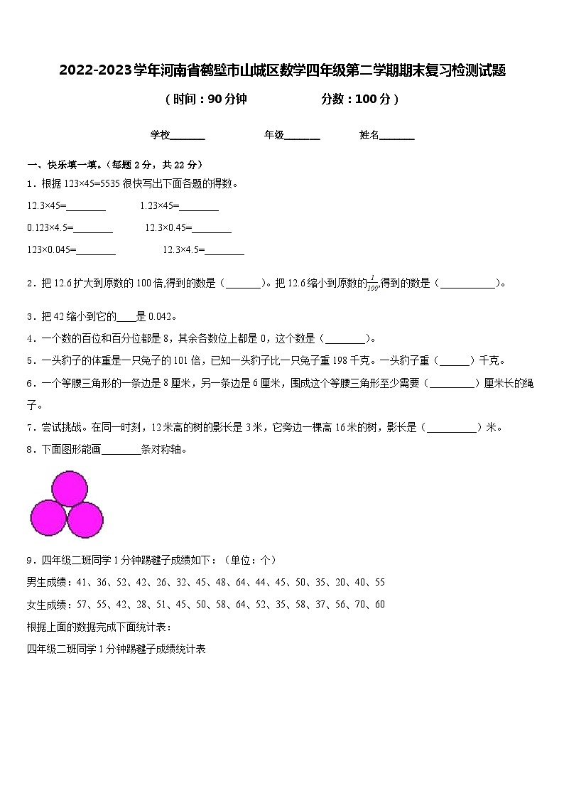 2022-2023学年河南省鹤壁市山城区数学四年级第二学期期末复习检测试题含答案第1页