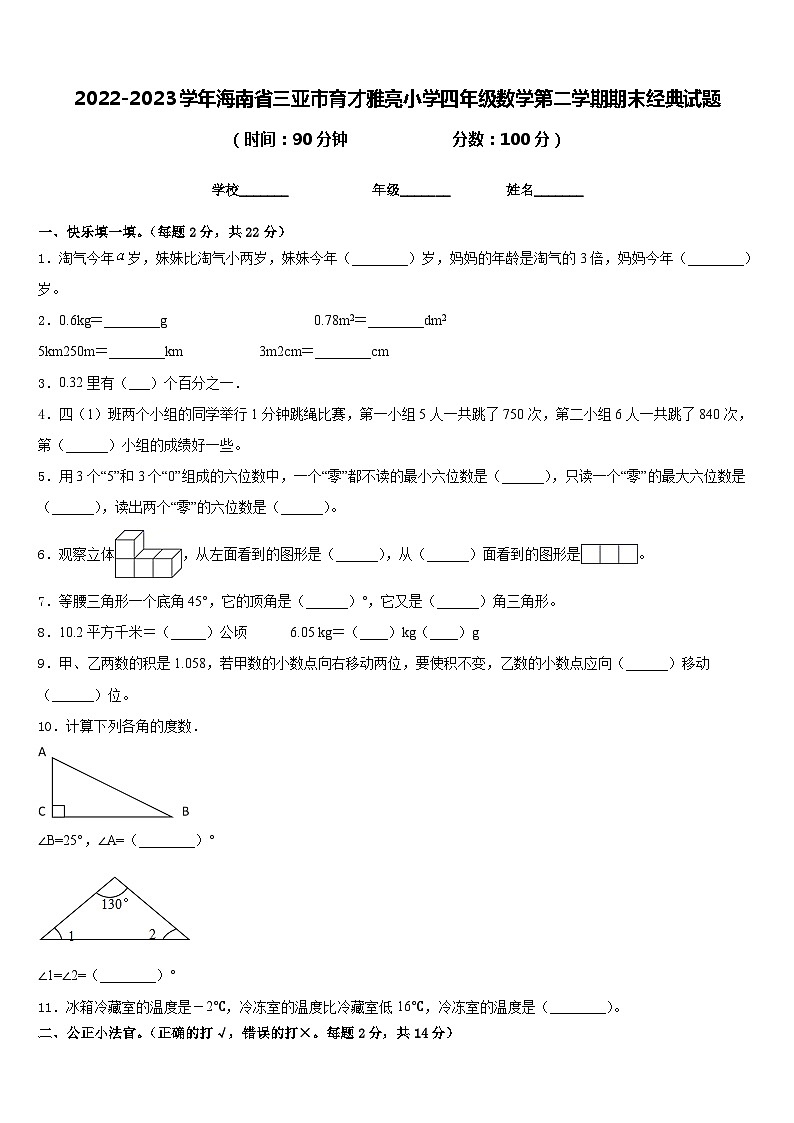 2022-2023学年海南省三亚市育才雅亮小学四年级数学第二学期期末经典试题含答案01