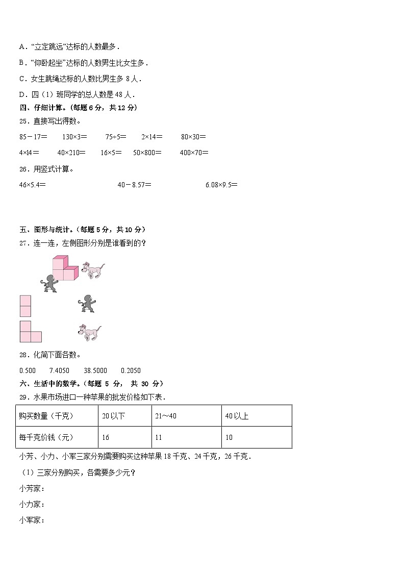 2022-2023学年温岭市数学四年级第二学期期末预测试题含答案03