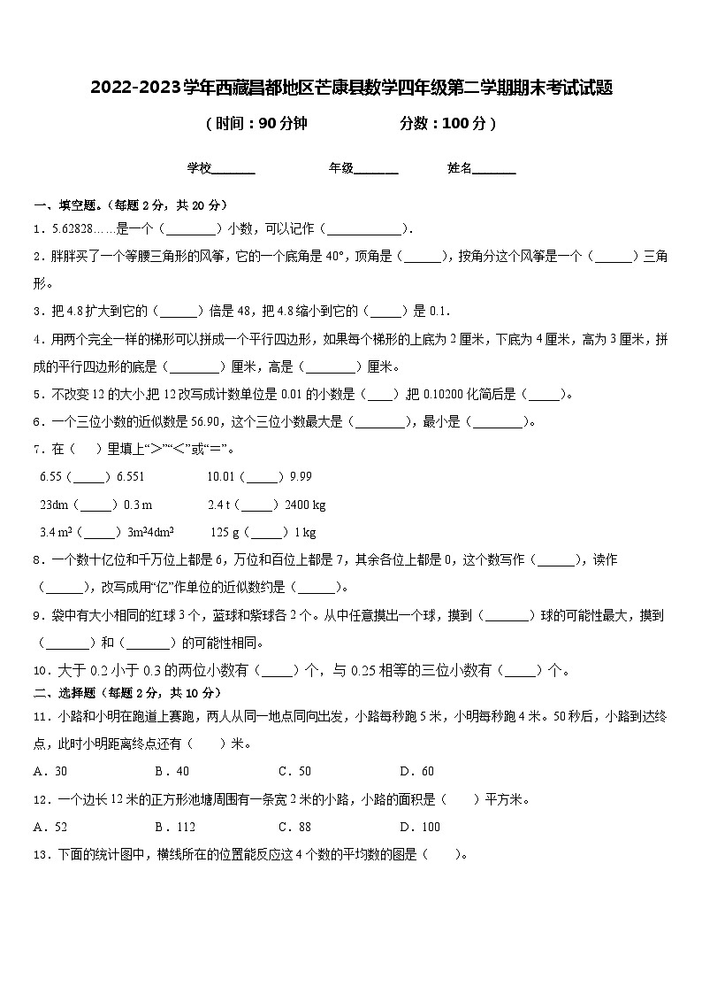 2022-2023学年西藏昌都地区芒康县数学四年级第二学期期末考试试题含答案第1页