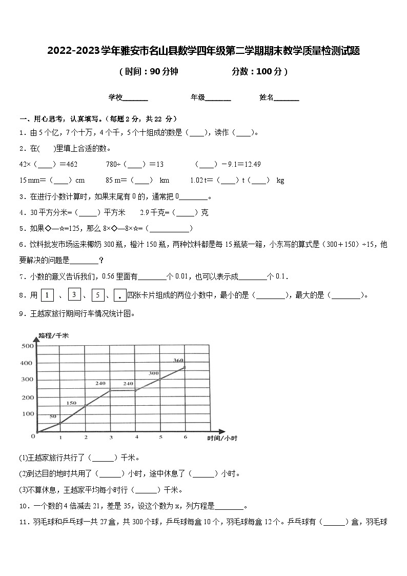 2022-2023学年雅安市名山县数学四年级第二学期期末教学质量检测试题含答案第1页