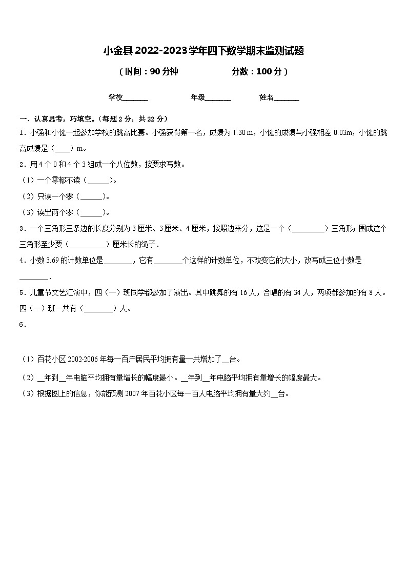 小金县2022-2023学年四下数学期末监测试题含答案第1页