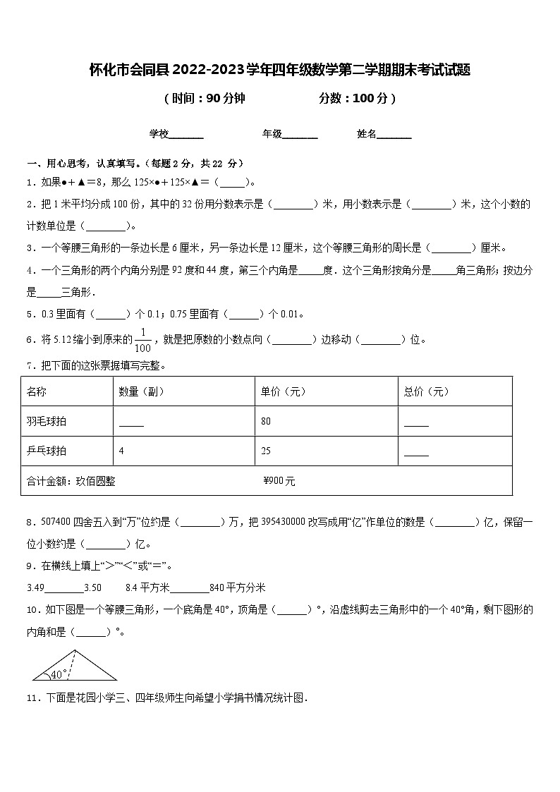 怀化市会同县2022-2023学年四年级数学第二学期期末考试试题含答案第1页