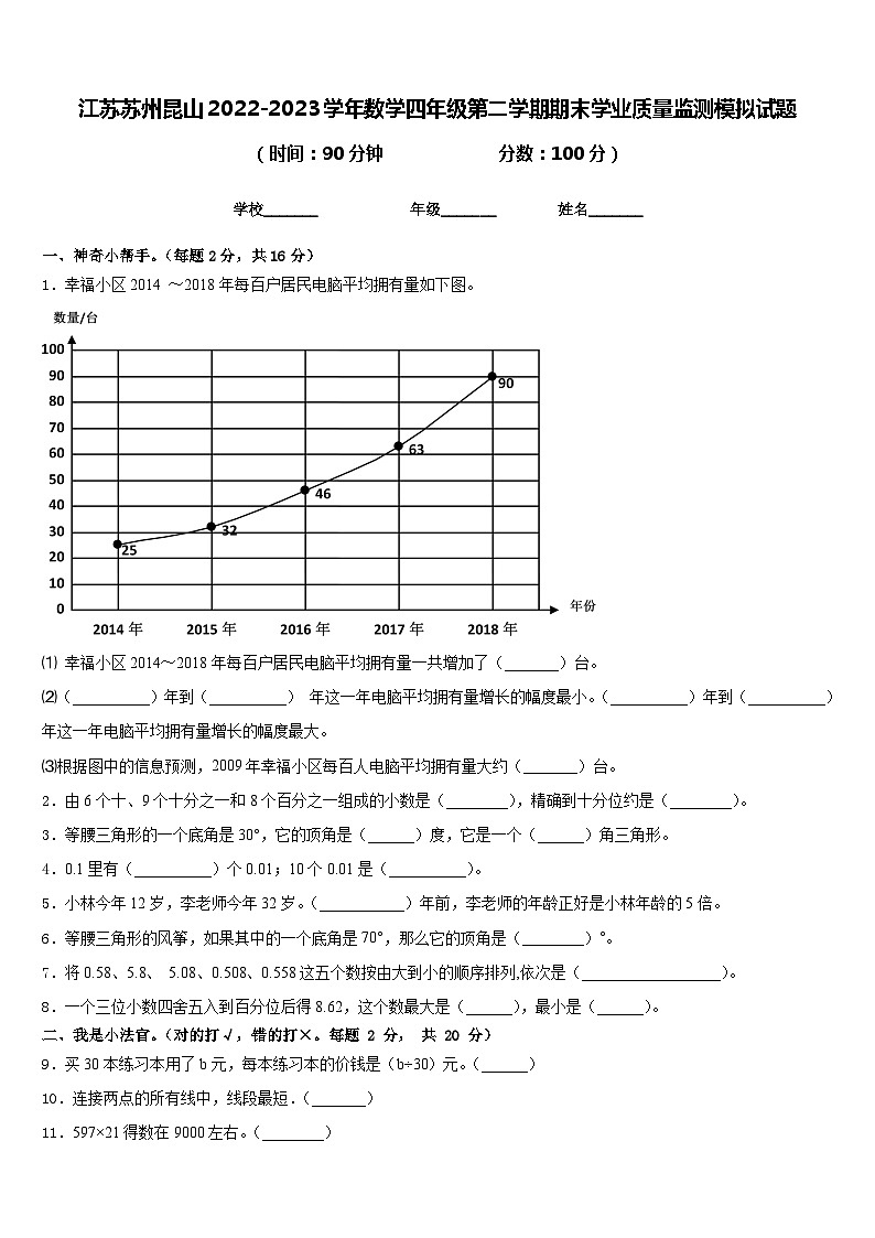 江苏苏州昆山2022-2023学年数学四年级第二学期期末学业质量监测模拟试题含答案第1页