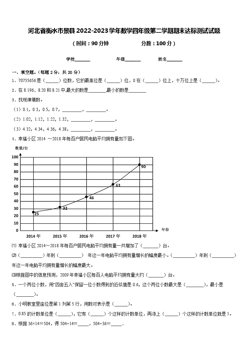 河北省衡水市景县2022-2023学年数学四年级第二学期期末达标测试试题含答案01