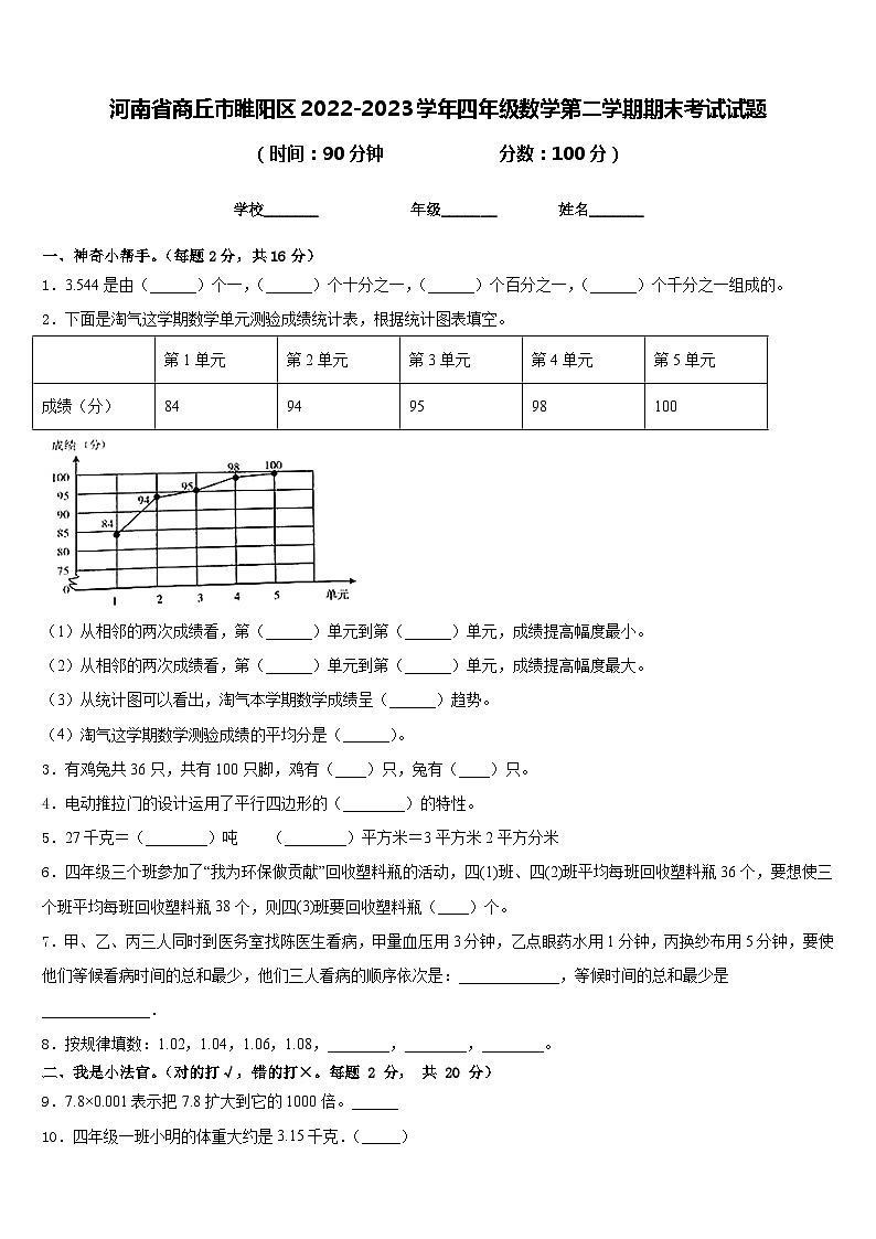 河南省商丘市睢阳区2022-2023学年四年级数学第二学期期末考试试题含答案第1页