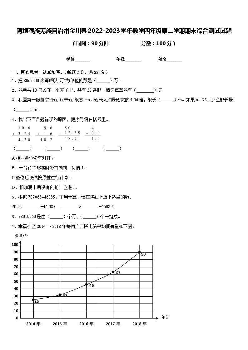 阿坝藏族羌族自治州金川县2022-2023学年数学四年级第二学期期末综合测试试题含答案第1页