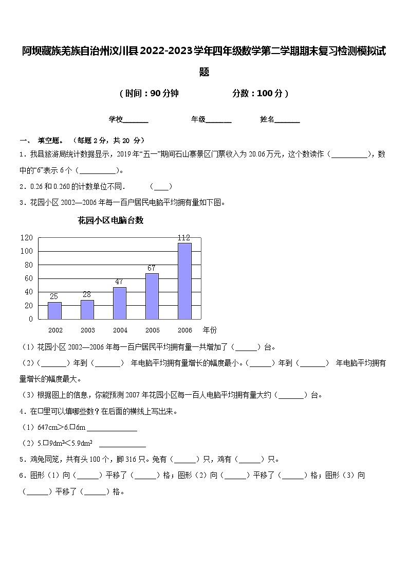 阿坝藏族羌族自治州汶川县2022-2023学年四年级数学第二学期期末复习检测模拟试题含答案第1页