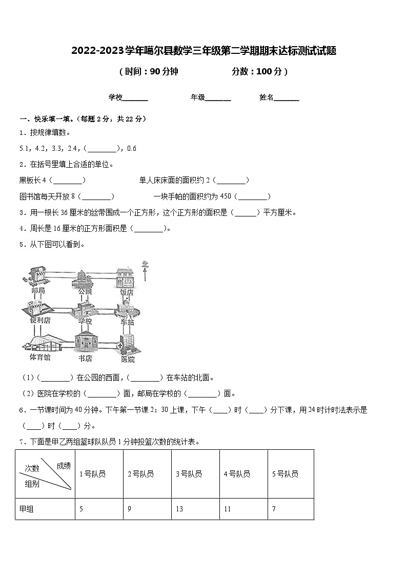 2022-2023学年噶尔县数学三年级第二学期期末达标测试试题含答案第1页