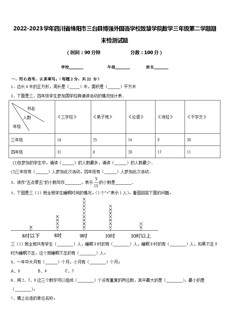 2022-2023学年四川省绵阳市三台县博强外国语学校致慧学院数学三年级第二学期期末检测试题含答案第1页