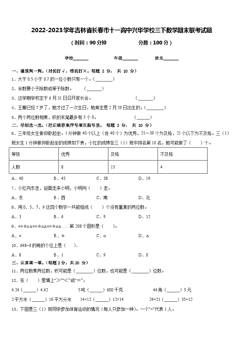 2022-2023学年吉林省长春市十一高中兴华学校三下数学期末联考试题含答案第1页