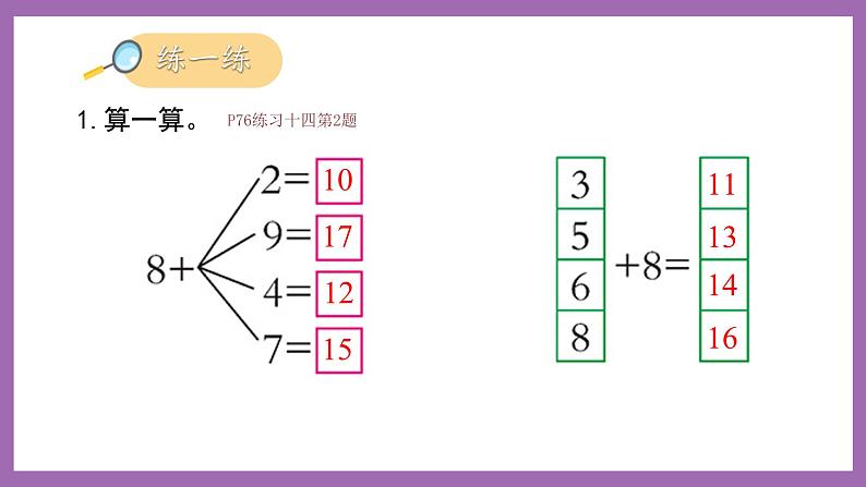 五 20以内的进位加法 第2课时 8加几（2）西师大数学一上第6页