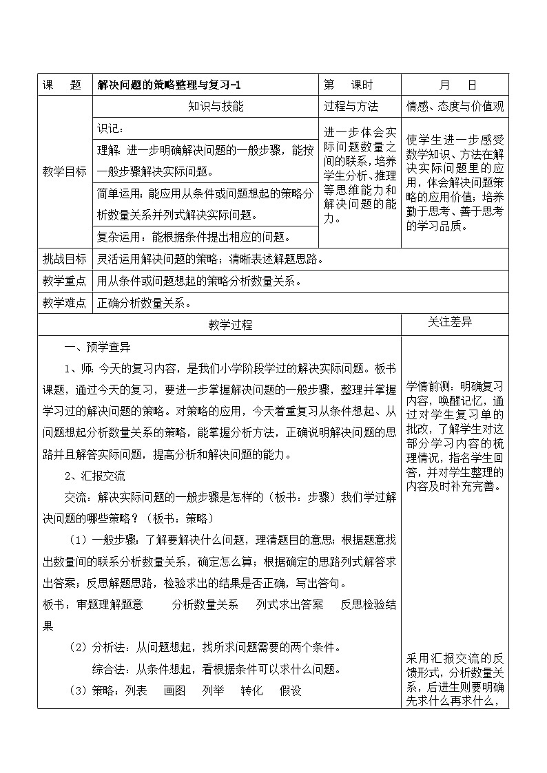 苏教版六年级数学下册第七单元《解决问题的策略整理与复习-第1课时》教案第1页