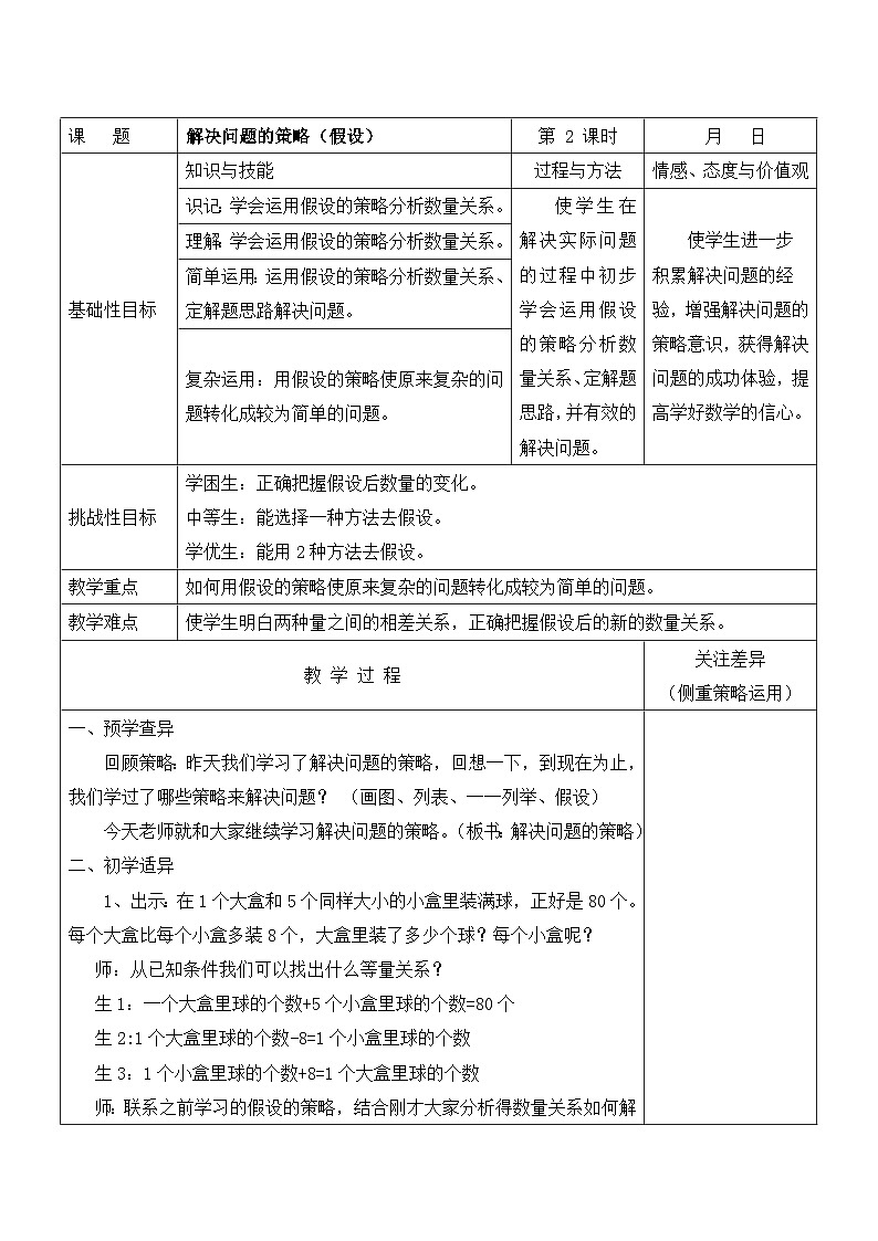 苏教版六年级数学上册第四单元第2课《解决问题的策略（假设）》教案第1页