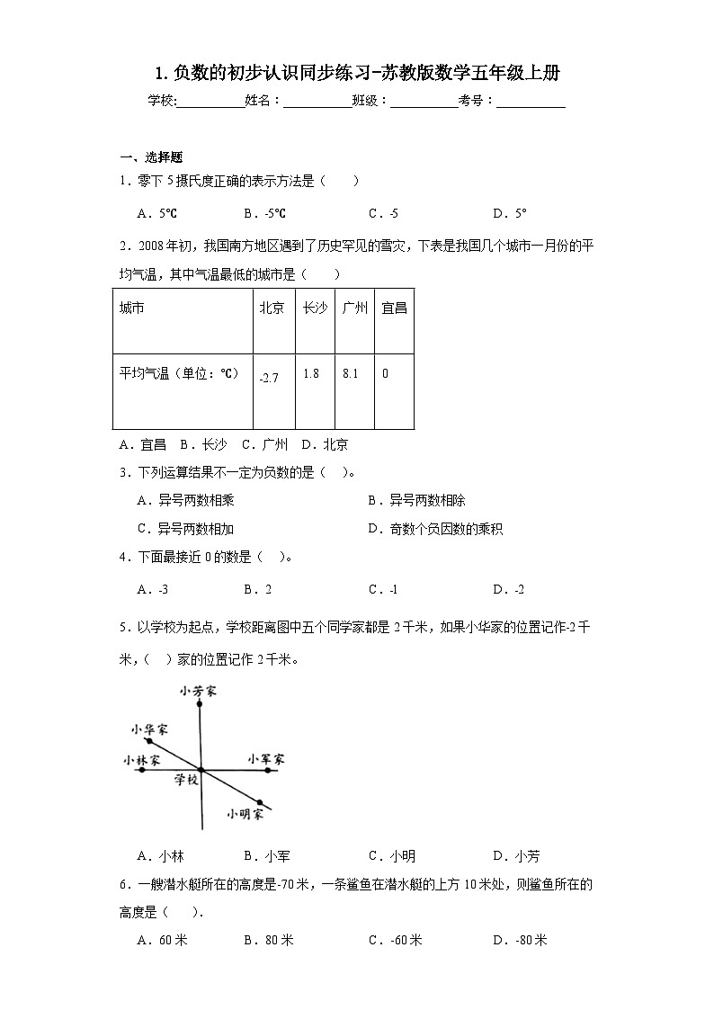 1.负数的初步认识同步练习-苏教版数学五年级上册01