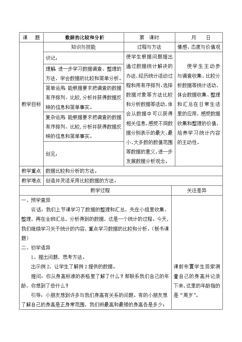 江宁区苏教版三年级数学下册第九单元第2课《数据的比较和分析》教案第1页