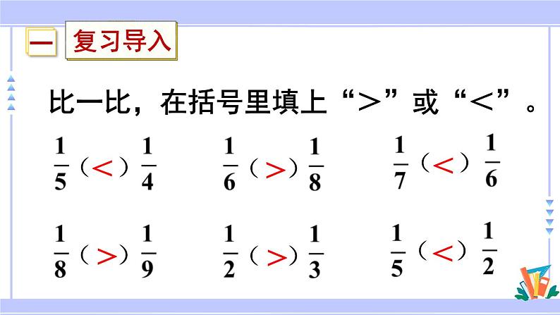 人教版小学数学3上 8《分数的初步认识》 1 分数的初步认识 第4课时 比较同分母分数的大小 课件第2页