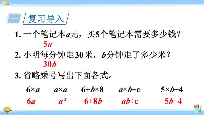 人教版小学数学5上 5《简易方程》1 用字母表示数 第3课时 解决形如a±bx的实际问题 课件02