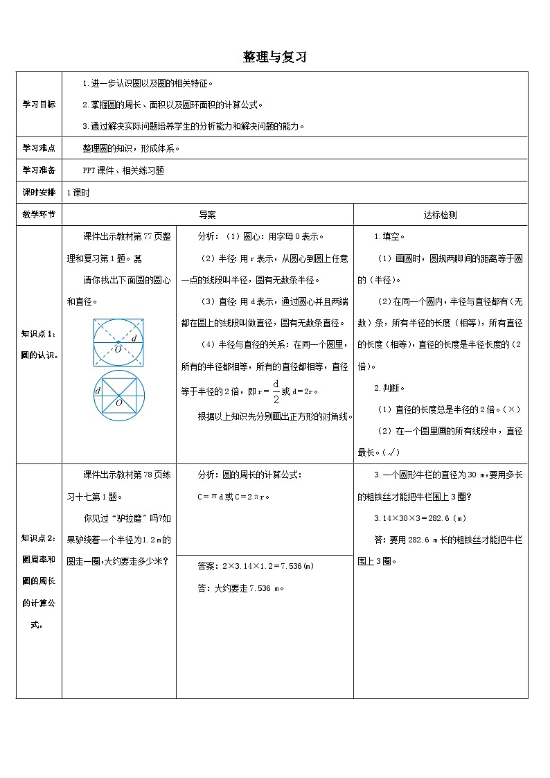 人教版小学数学6上 5《圆》 整理与复习 导学案01