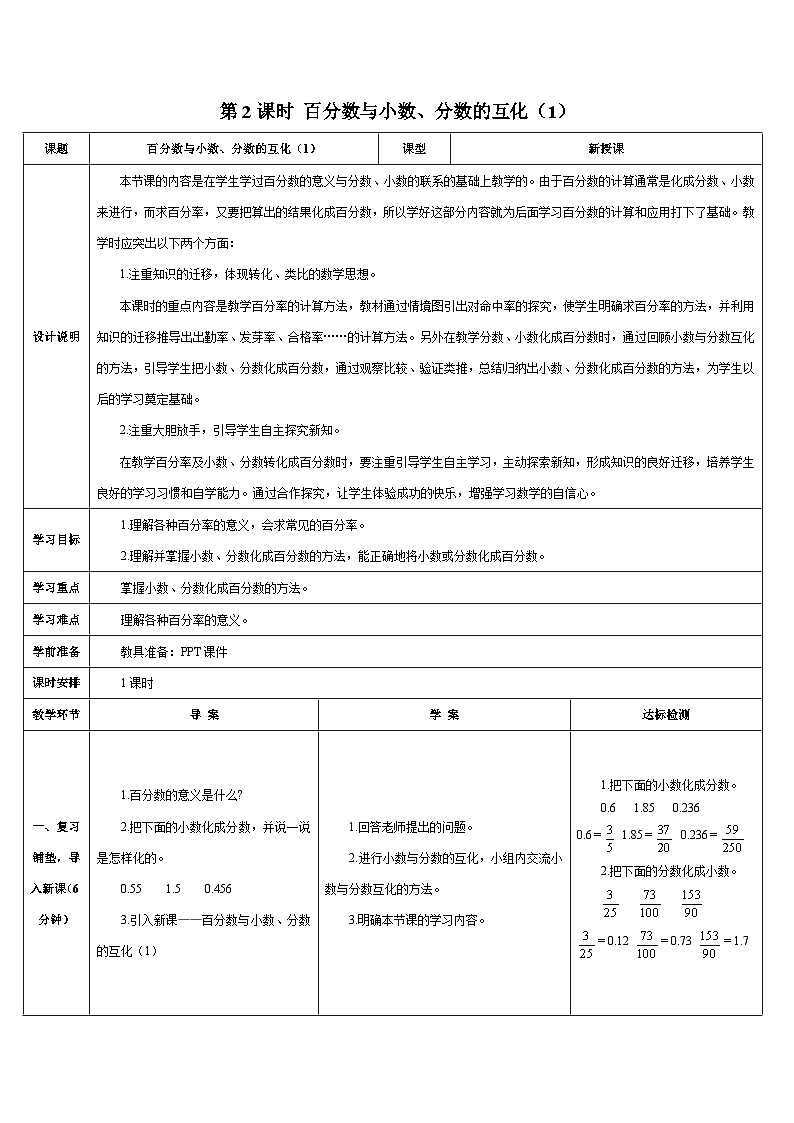 人教版小学数学6上 6《百分数（一）》第2课时 百分数与小数、分数的互化（1） 导学案01