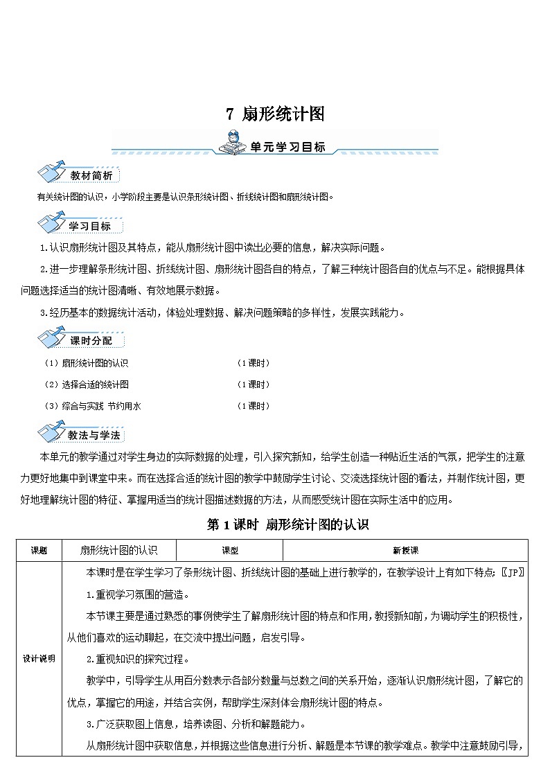 人教版小学数学6上 7《扇形统计图》第1课时 扇形统计图的认识 导学案01