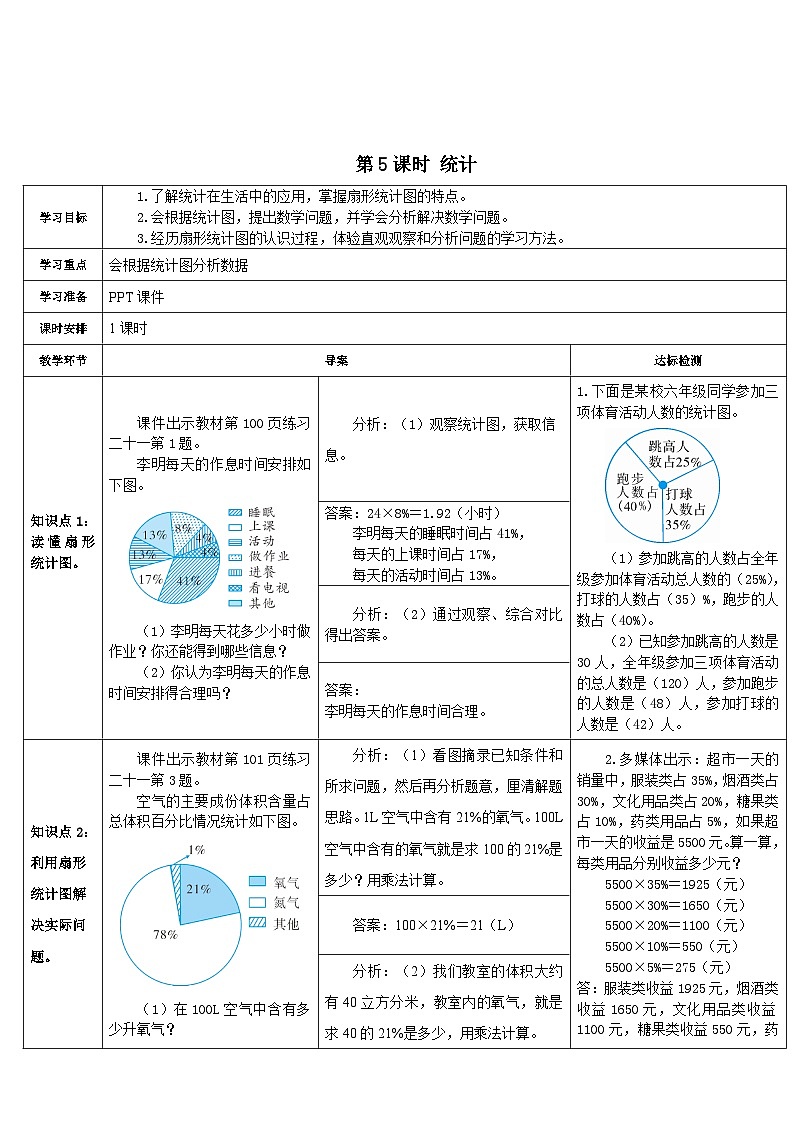 人教版小学数学6上 9《总复习》第5课时 统计 导学案01