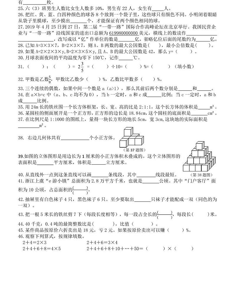 【全套精品专题】人教版小学六年级数学毕业总复习填空题专项卷（知识梳理+含答案）02