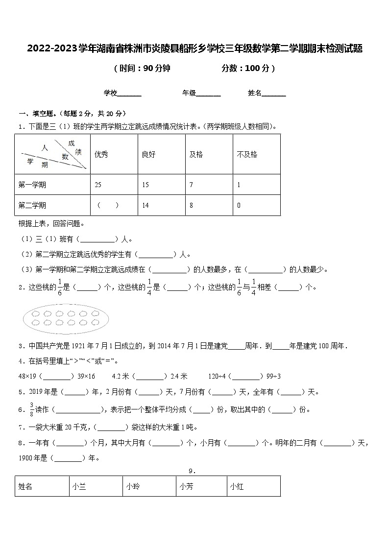 2022-2023学年湖南省株洲市炎陵县船形乡学校三年级数学第二学期期末检测试题含答案01