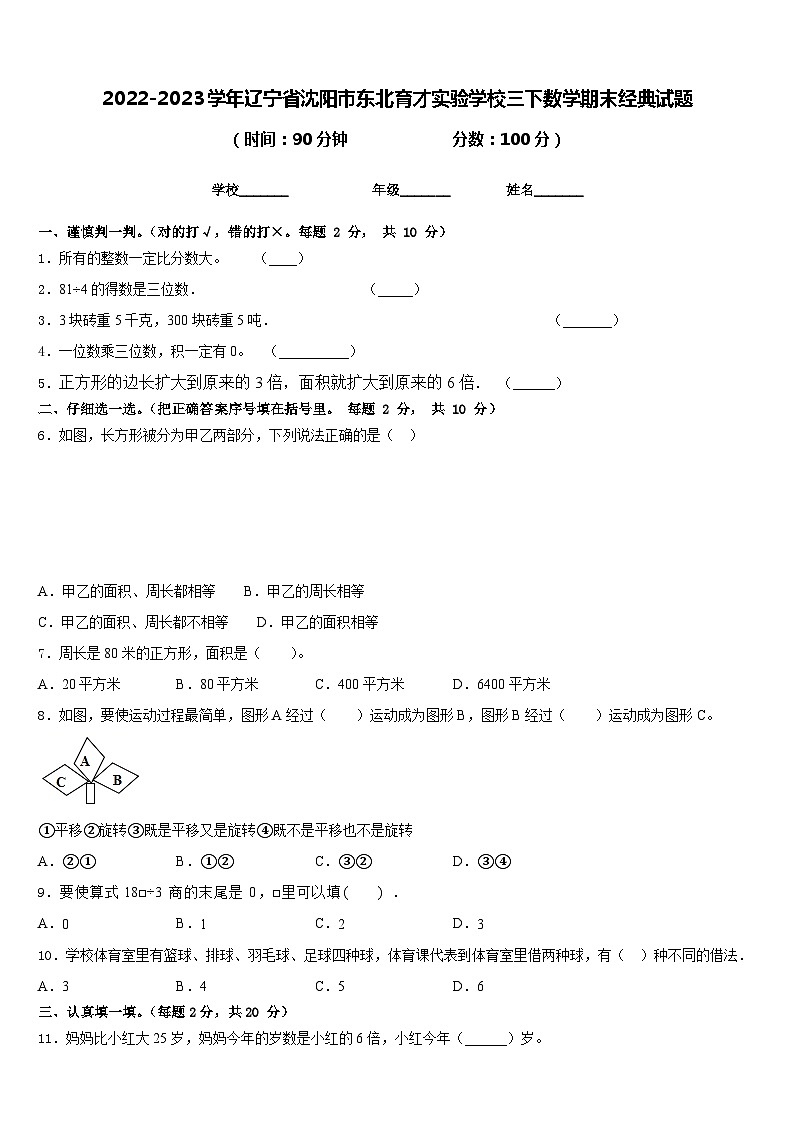 2022-2023学年辽宁省沈阳市东北育才实验学校三下数学期末经典试题含答案第1页